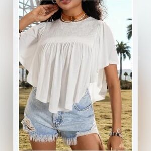 Stile White Smocked Flutter Sleeve Tee
